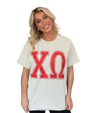 Chi Omega Heavy Hitter Oversized Tee with Red Greek Varsity Letters
