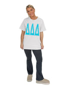 Tri Delta Heavy Hitter Oversized Tee with Bright Blue Greek Varsity Letters