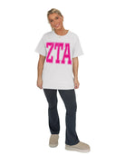 Zeta Heavy Hitter Oversized Tee with Pink Greek Varsity Letters