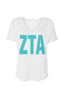 Zeta Ultra Soft Vneck Tee with Turquoise Greek Letters